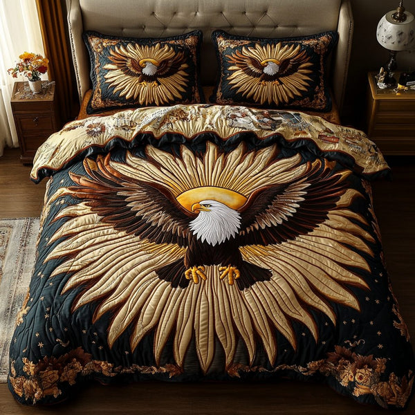 Eagle Majesty quilted 3-piece bedding set on a made bed in a warmly lit bedroom