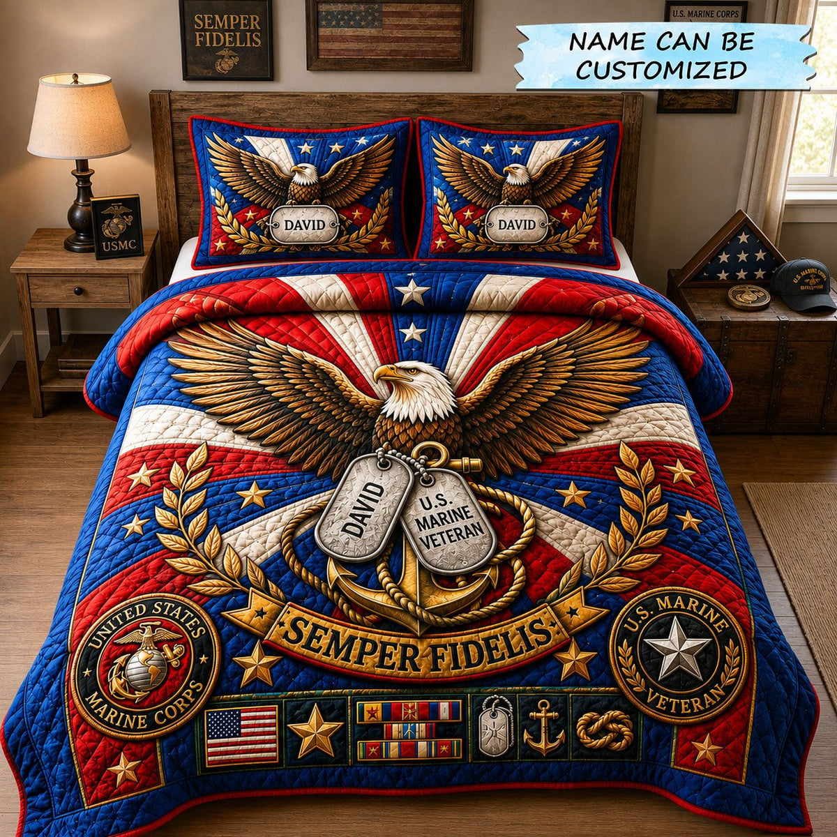 Eagle Marine Veteran Tribute quilted 3-piece bedding set on a made bed in a warmly lit bedroom