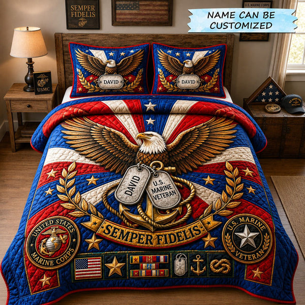 Eagle Marine Veteran Tribute quilted 3-piece bedding set on a made bed in a warmly lit bedroom