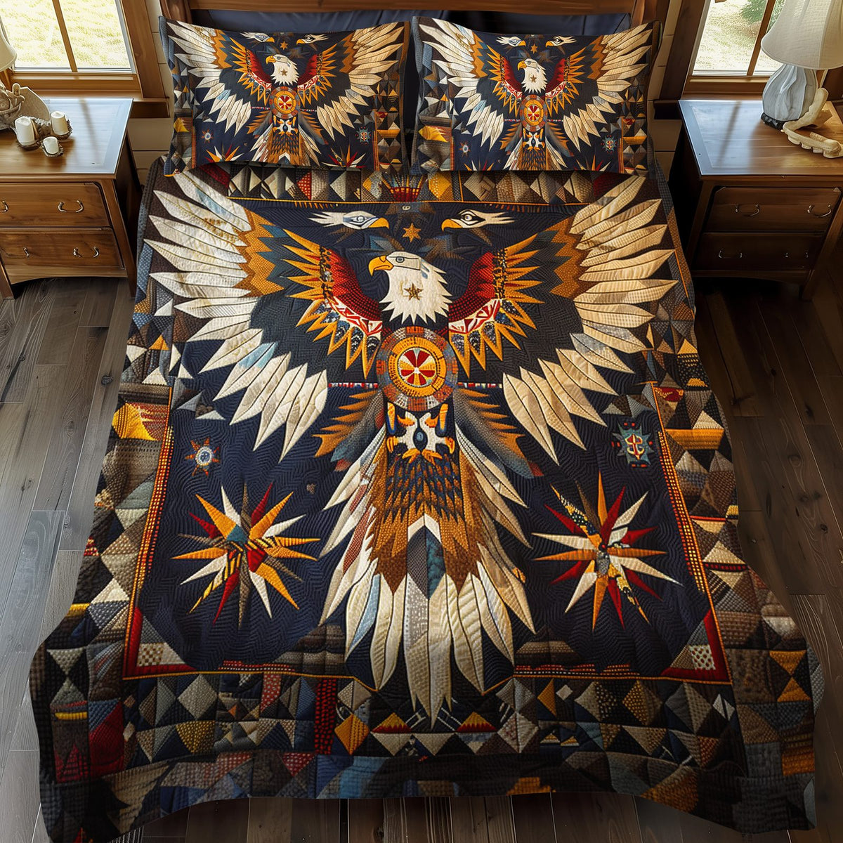 Eagle Native quilted 3-piece bedding set on a made bed in a warmly lit bedroom