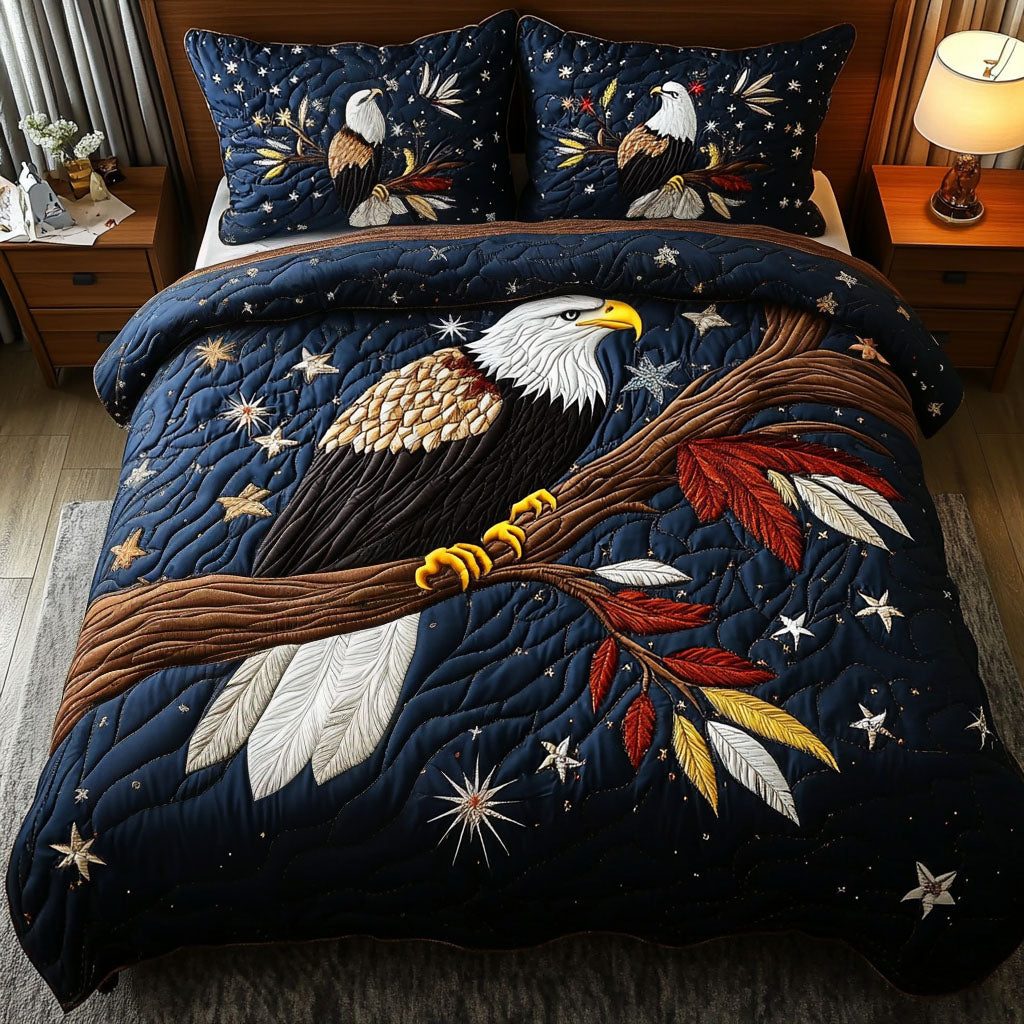 Eagle of Liberty quilted 3-piece bedding set on a made bed in a warmly lit bedroom
