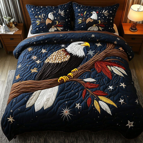 Eagle of Liberty quilted 3-piece bedding set on a made bed in a warmly lit bedroom