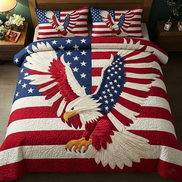Eagle Pride quilted 3-piece bedding set on a made bed in a warmly lit bedroom