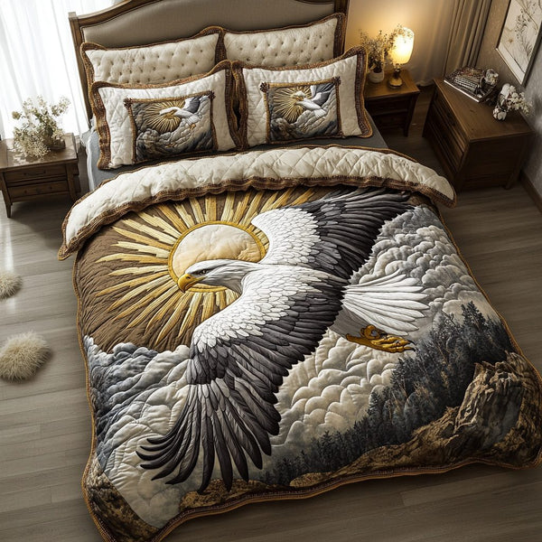 Eagle Pride quilted 3-piece bedding set on a made bed in a warmly lit bedroom