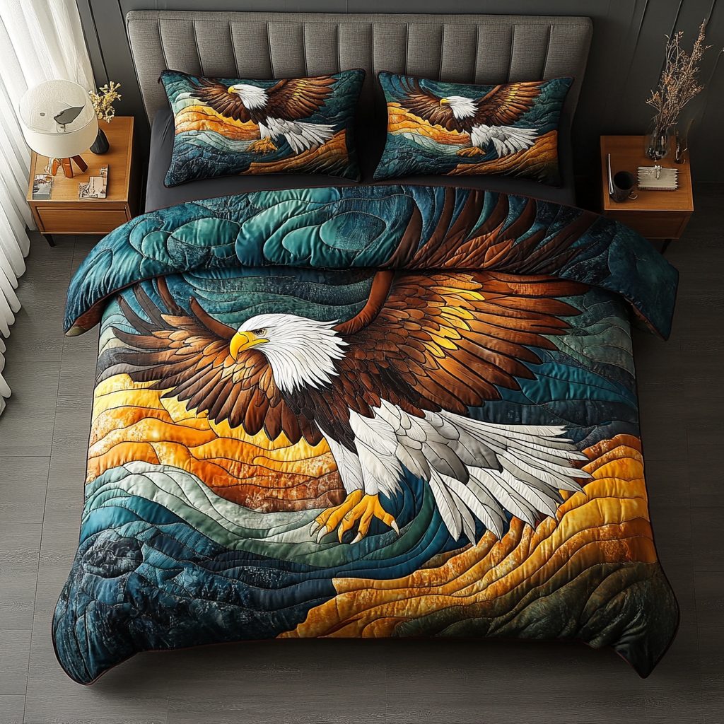 Eagle Realm quilted 3-piece bedding set on a made bed in a warmly lit bedroom
