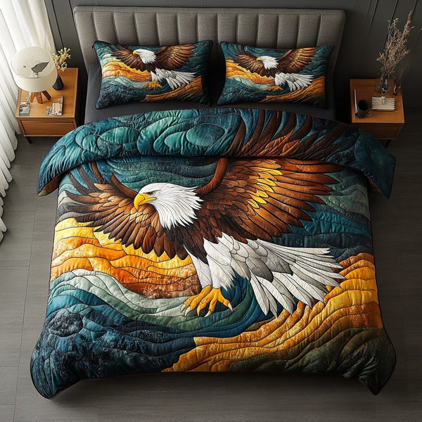 Eagle Realm quilted 3-piece bedding set on a made bed in a warmly lit bedroom