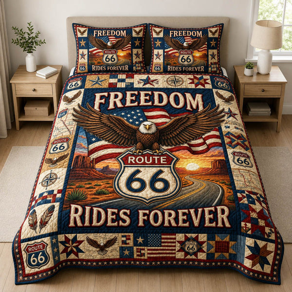 Eagle Route 66 quilted 3-piece bedding set on a made bed in a warmly lit bedroom