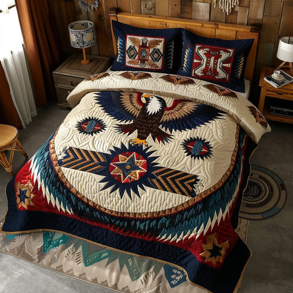 Eagle's Triumph quilted 3-piece bedding set on a made bed in a warmly lit bedroom