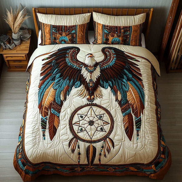 Eagle Spirit Keeper quilted 3-piece bedding set on a made bed in a warmly lit bedroom