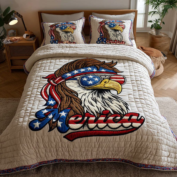 Eagle Spirit quilted 3-piece bedding set on a made bed in a warmly lit bedroom