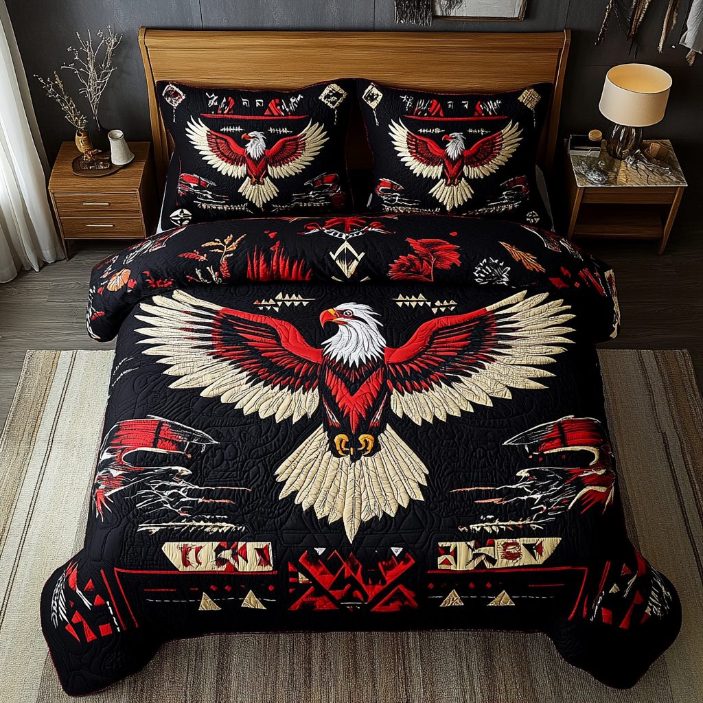 Eagle Storm quilted 3-piece bedding set on a made bed in a warmly lit bedroom