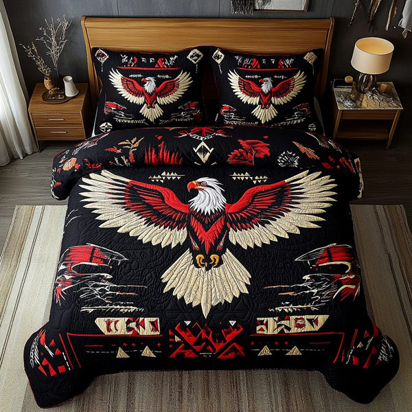 Eagle Storm quilted 3-piece bedding set on a made bed in a warmly lit bedroom