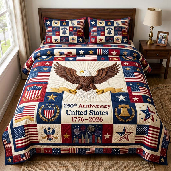 Eagle Victory quilted 3-piece bedding set on a made bed in a warmly lit bedroom