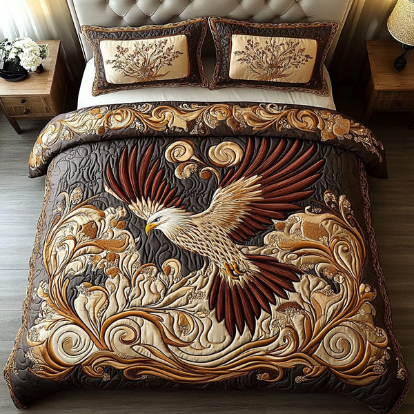 Eagle Wind quilted 3-piece bedding set on a made bed in a warmly lit bedroom