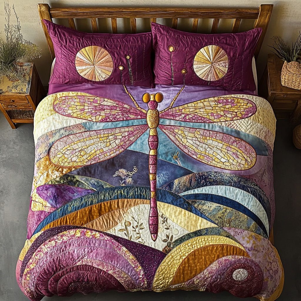 Earth and Sky Dragonfly quilted 3-piece bedding set on a made bed with two matching pillow shams