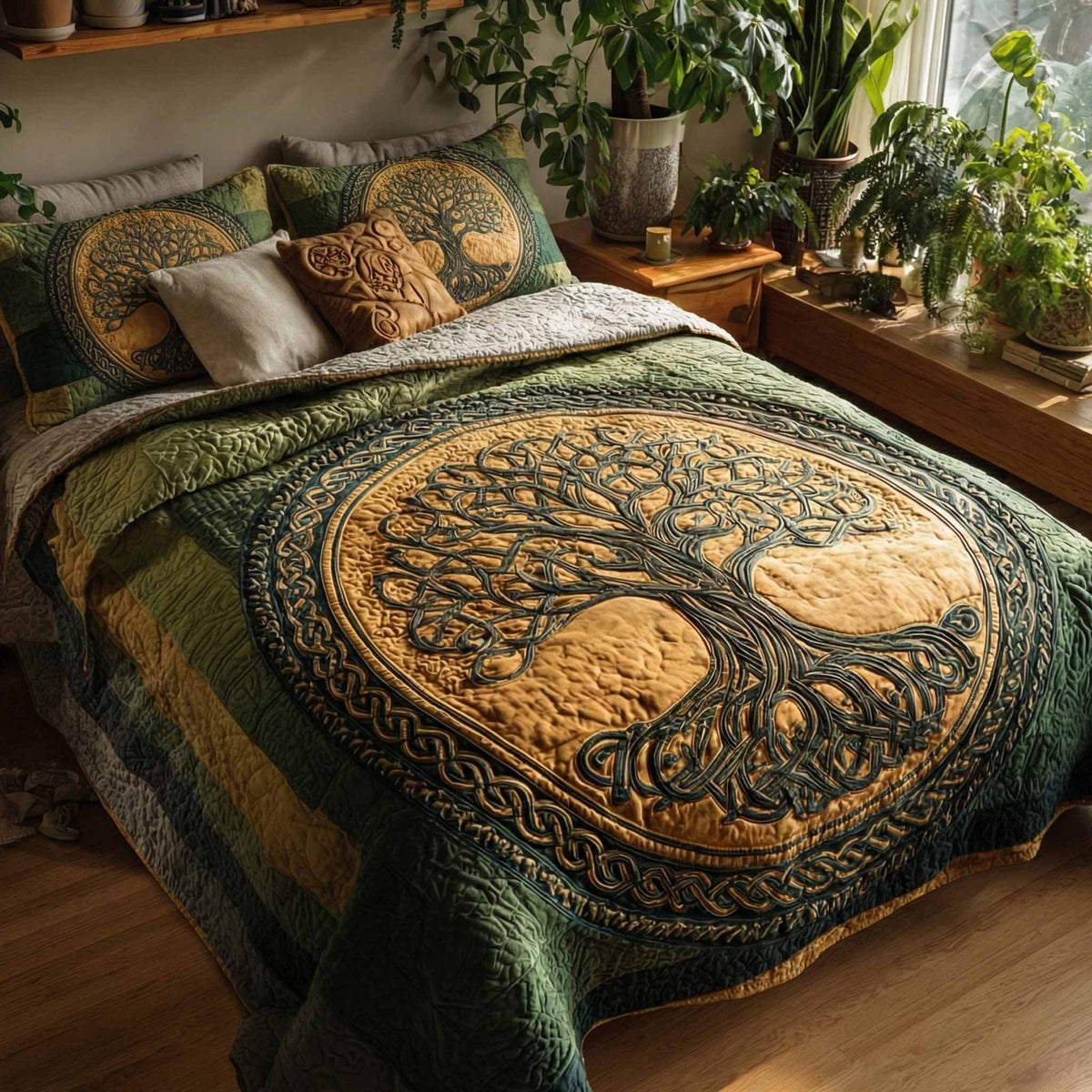 Earth Covenant quilted 3-piece bedding set on a made bed with two matching pillow shams