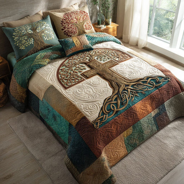 Earth Legacy quilted 3-piece bedding set on a made bed with two matching pillow shams