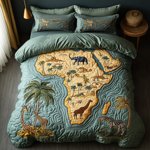 Earth Pulse quilted 3-piece bedding set on a made bed with two matching pillow shams