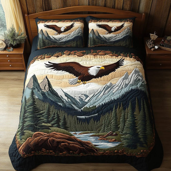 Earth Spirit quilted 3-piece bedding set on a made bed with two matching pillow shams