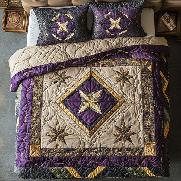 Earth Star Glow quilted 3-piece bedding set on a made bed with two matching pillow shams