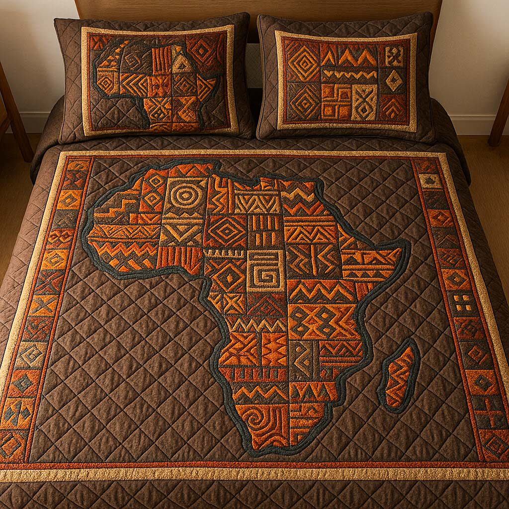 Earth Tone Africa quilted 3-piece bedding set on a made bed with two matching pillow shams