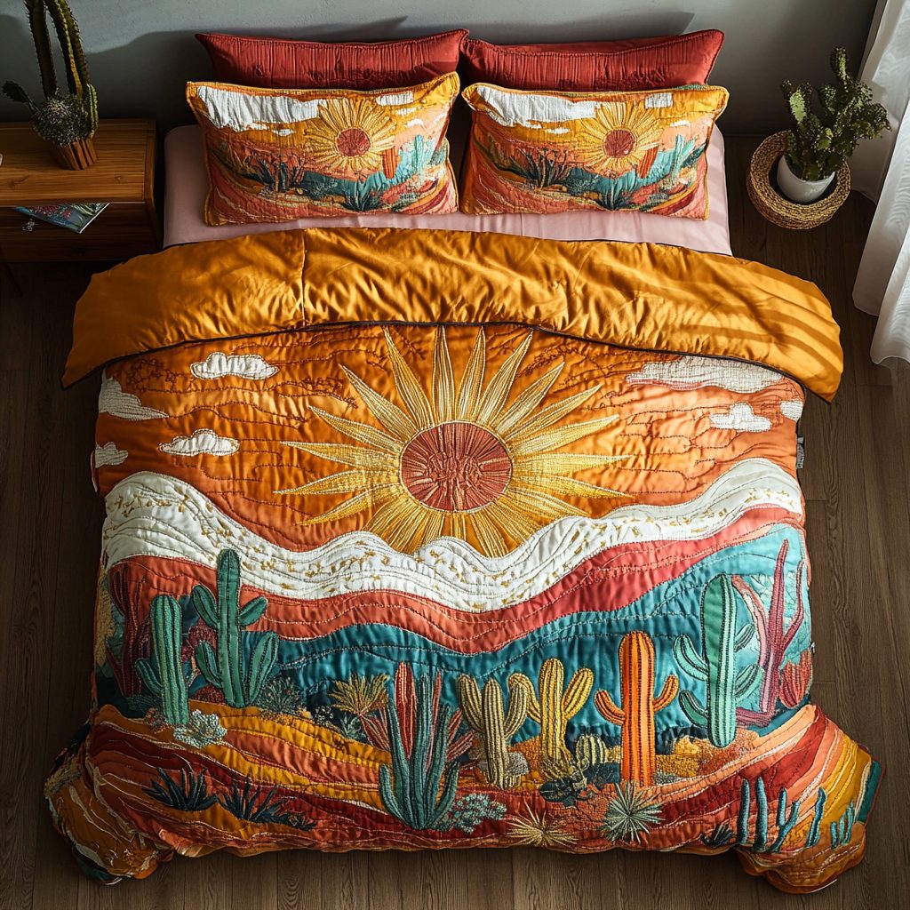 Earth Tones quilted 3-piece bedding set on a made bed with two matching pillow shams