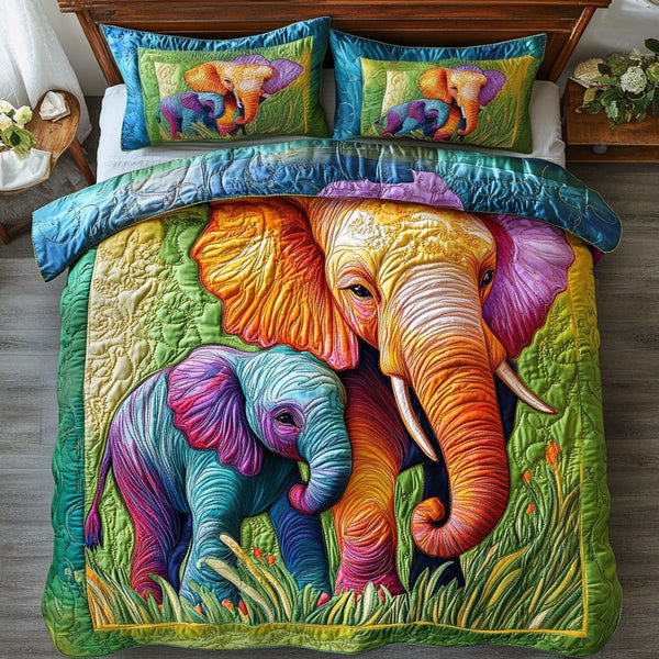 Earth Walker quilted 3-piece bedding set on a made bed with two matching pillow shams