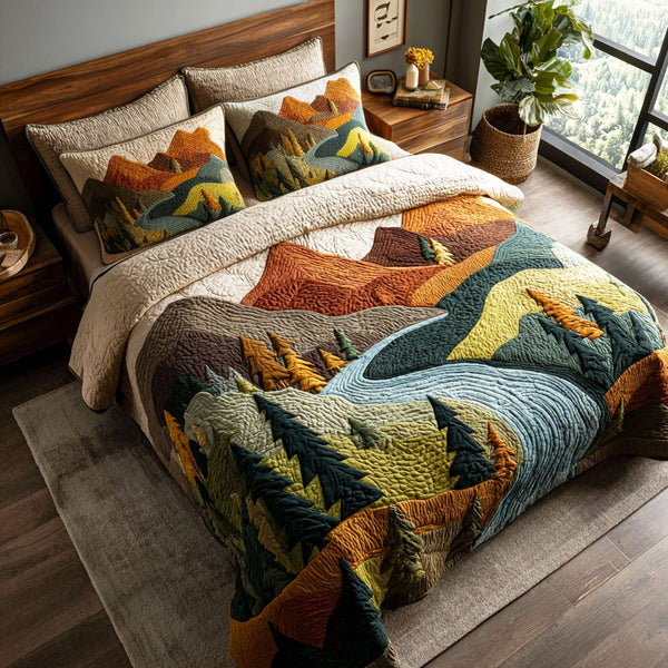 Earthbound Calm quilted 3-piece bedding set on a made bed with two matching pillow shams