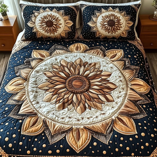 Earthbound Mandala quilted 3-piece bedding set on a made bed with two matching pillow shams