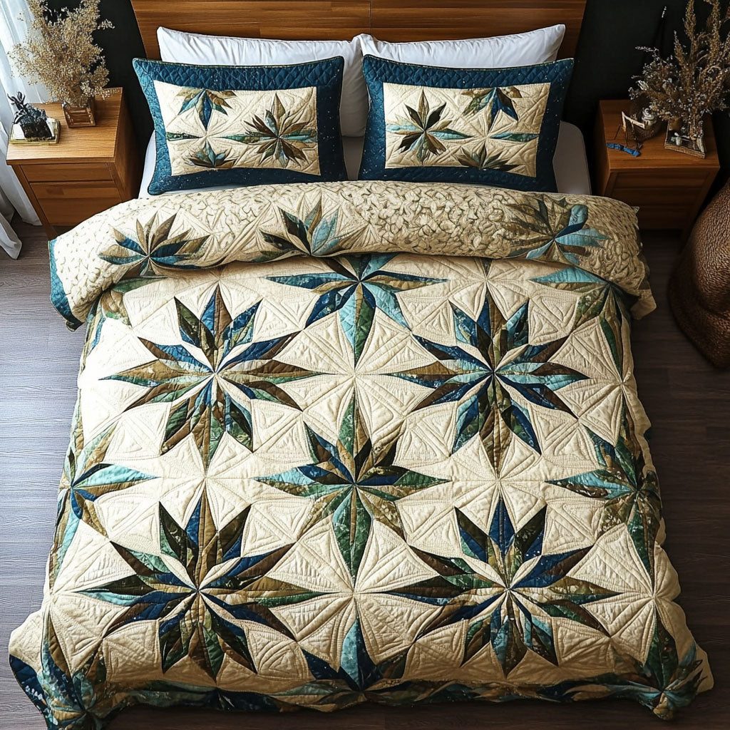 Earthbound Star quilted 3-piece bedding set on a made bed with two matching pillow shams