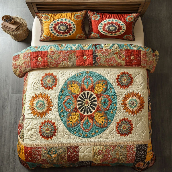 Earthbound Vibes quilted 3-piece bedding set on a made bed with two matching pillow shams