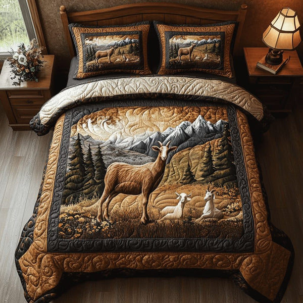 Earthbound Wanderer quilted 3-piece bedding set on a made bed with two matching pillow shams
