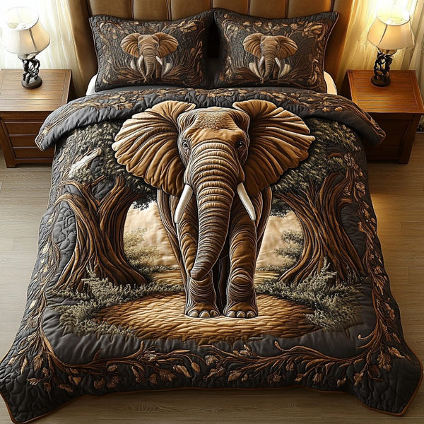 Earthly Majesty quilted 3-piece bedding set on a made bed with two matching pillow shams
