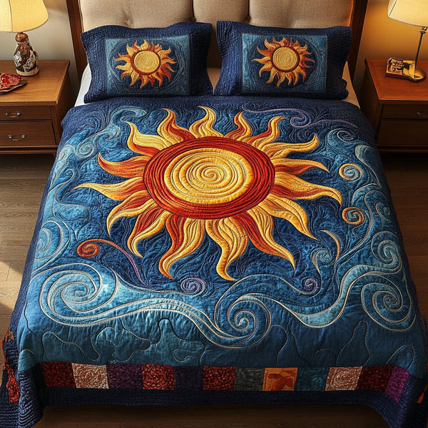Earthly Sunset quilted 3-piece bedding set on a made bed with two matching pillow shams