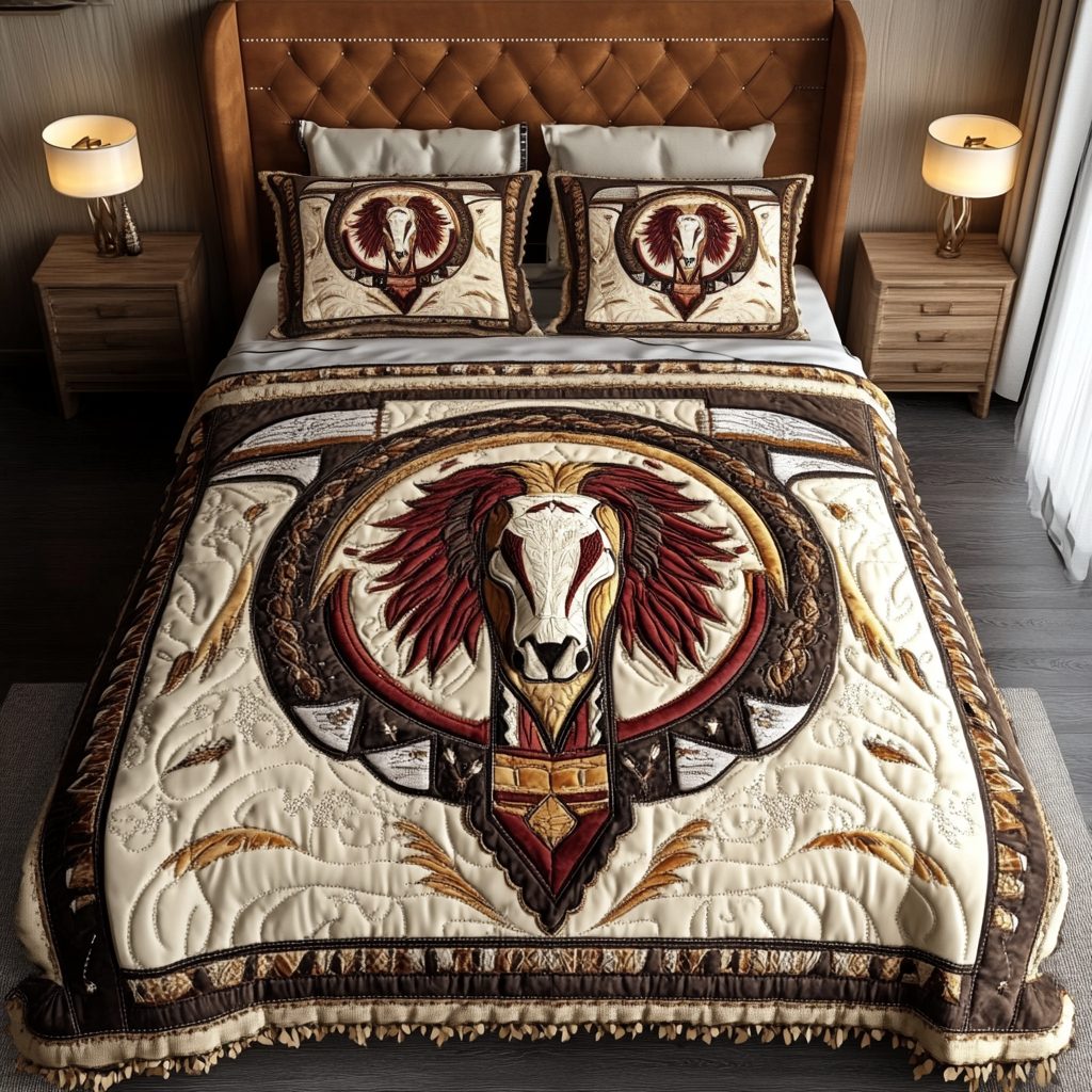 Earths Embrace quilted 3-piece bedding set on a made bed with two matching pillow shams