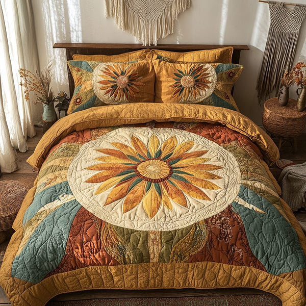 Earthy Sunrise quilted 3-piece bedding set on a made bed with two matching pillow shams