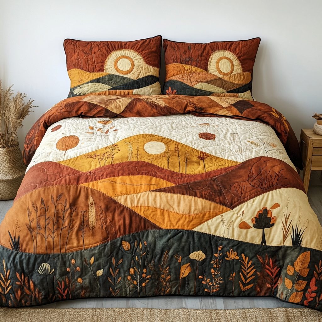 Earthy Sunrise quilted 3-piece bedding set on a made bed with two matching pillow shams