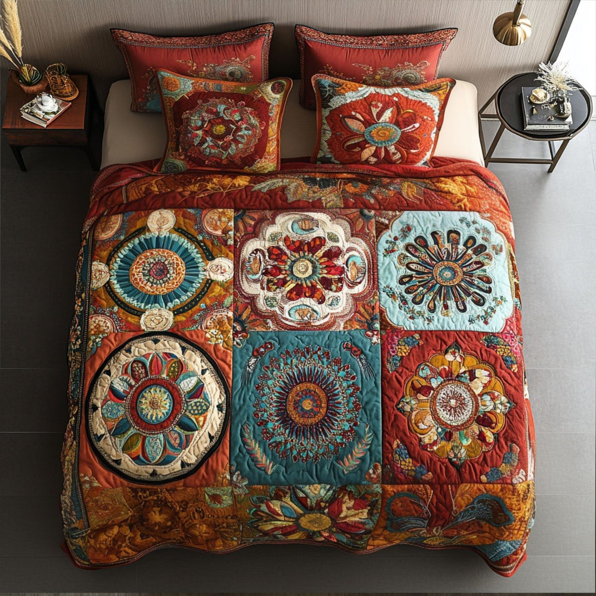 Earthy Tones quilted 3-piece bedding set on a made bed with two matching pillow shams