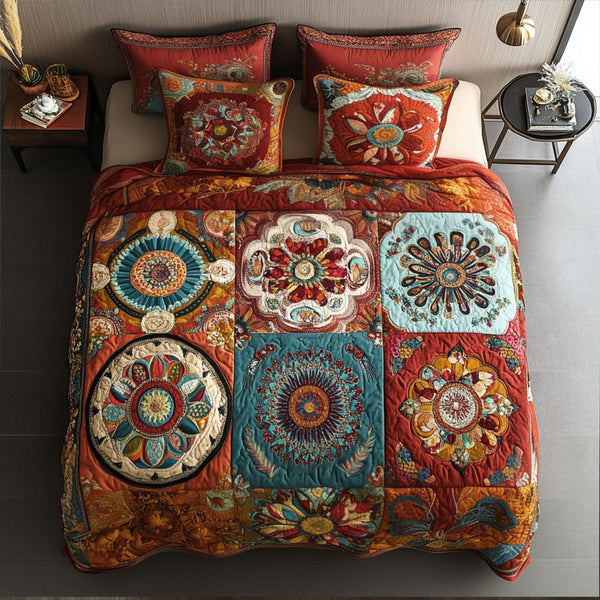 Earthy Tones quilted 3-piece bedding set on a made bed with two matching pillow shams