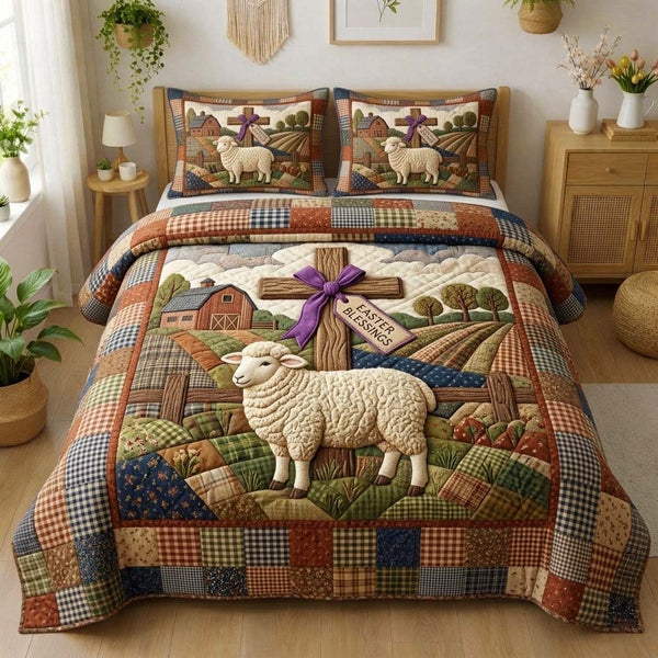 Easter Blessings quilted 3-piece bedding set on a made bed with two matching pillow shams