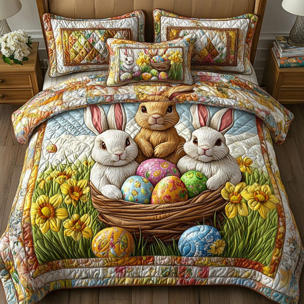 Easter Bunnies and Daffodils quilted 3-piece bedding set on a made bed with two matching pillow shams