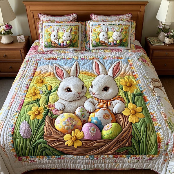 Easter Bunny Basket quilted 3-piece bedding set on a made bed with two matching pillow shams