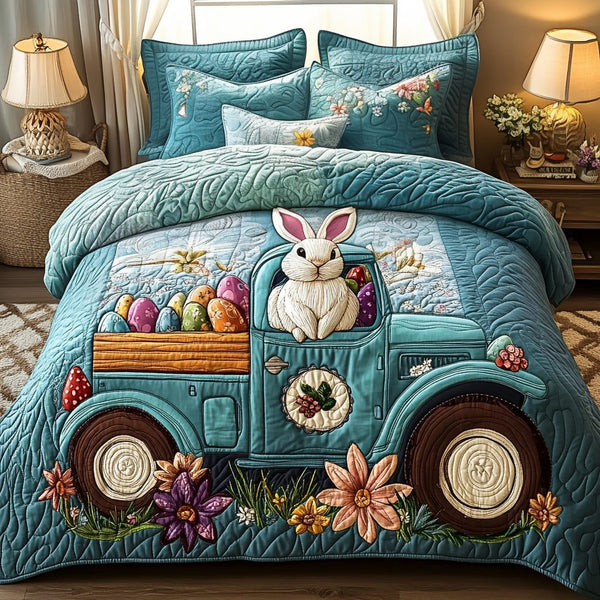 Easter Bunny Journey quilted 3-piece bedding set on a made bed with two matching pillow shams
