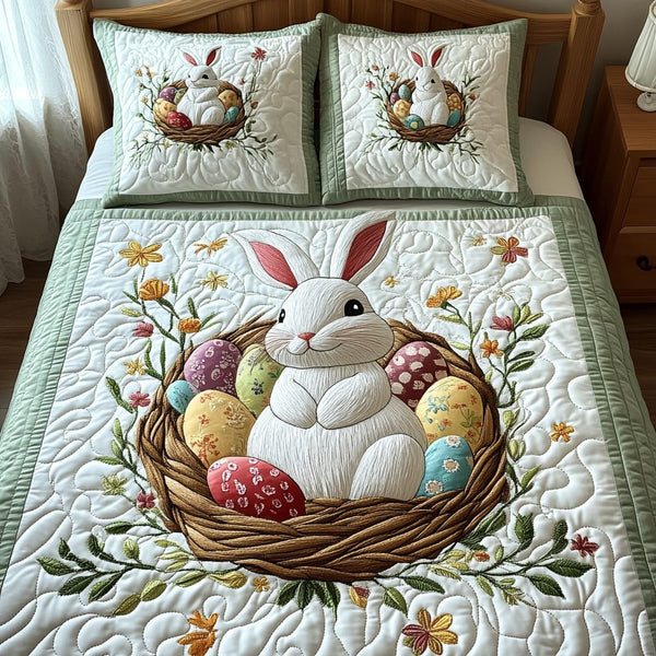 Easter Bunny quilted 3-piece bedding set on a made bed with two matching pillow shams