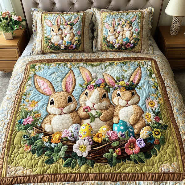 Easter Bunny Trio quilted 3-piece bedding set on a made bed with two matching pillow shams