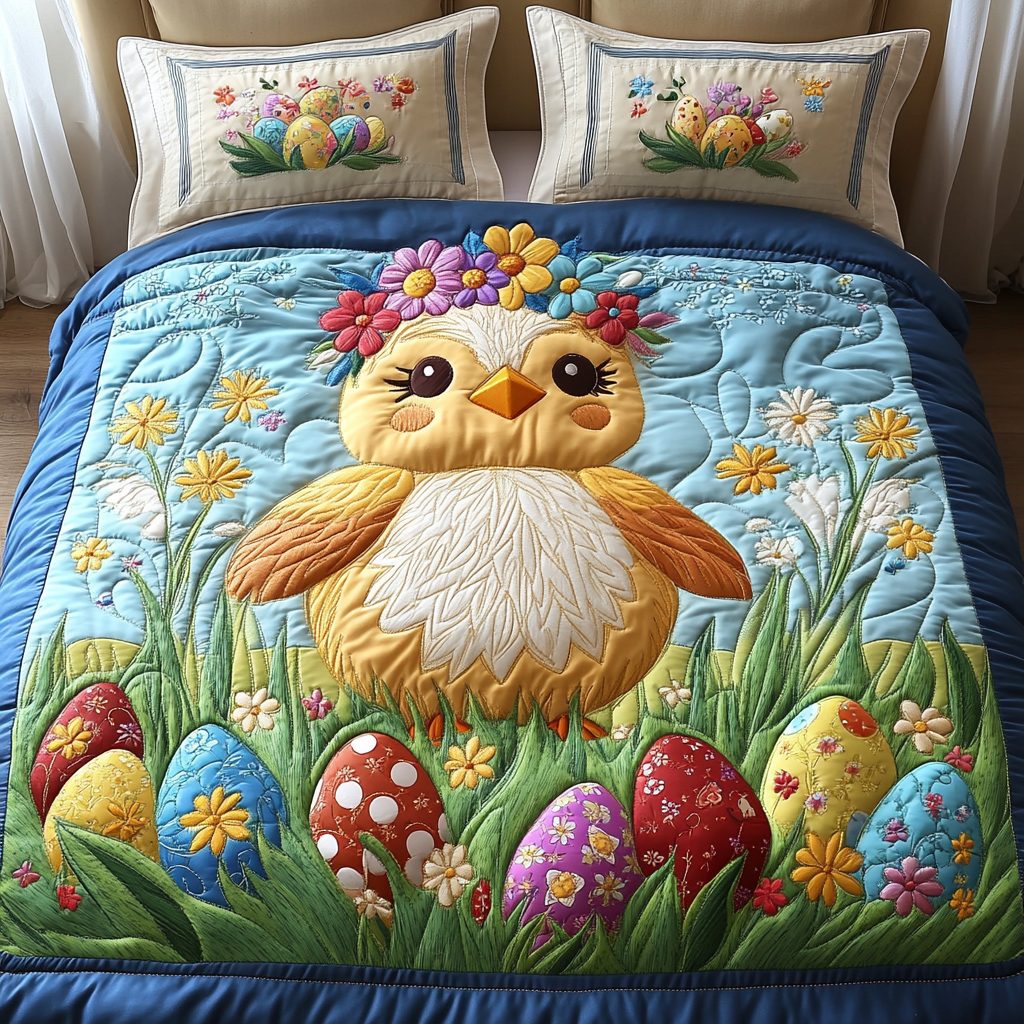 Easter Chick Garden quilted 3-piece bedding set on a made bed with two matching pillow shams