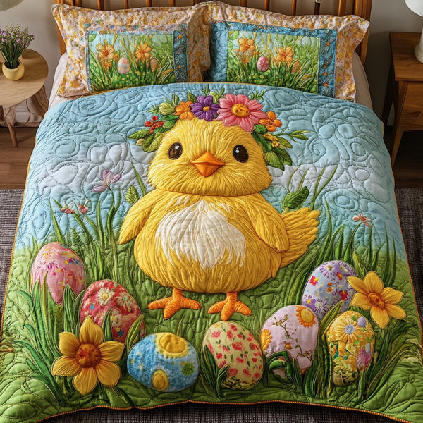 Easter Chick with Flowers quilted 3-piece bedding set on a made bed with two matching pillow shams