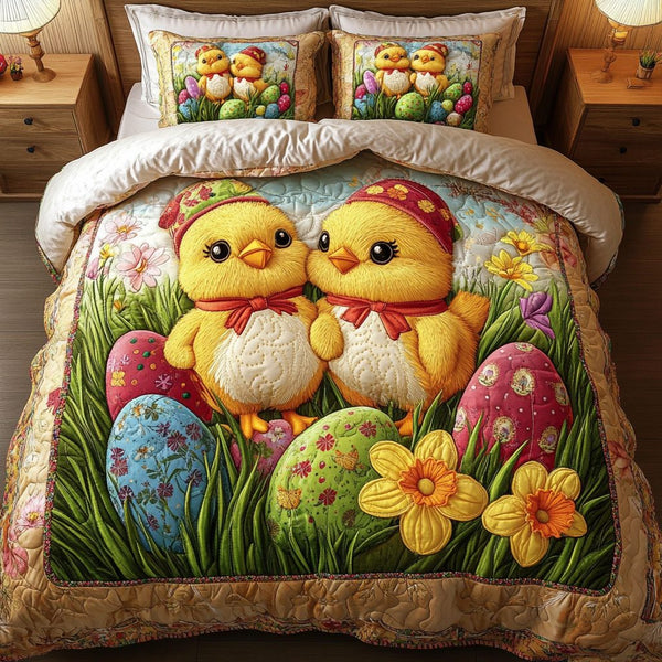 Easter Chicks and Eggs quilted 3-piece bedding set on a made bed with two matching pillow shams