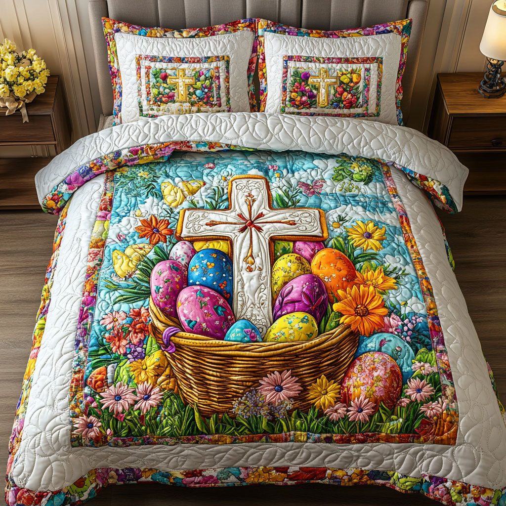 Easter Cross Delight quilted 3-piece bedding set on a made bed in a softly lit bedroom