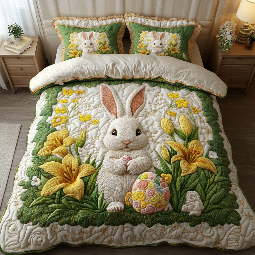 Easter Fluff quilted 3-piece bedding set on a made bed with two matching pillow shams